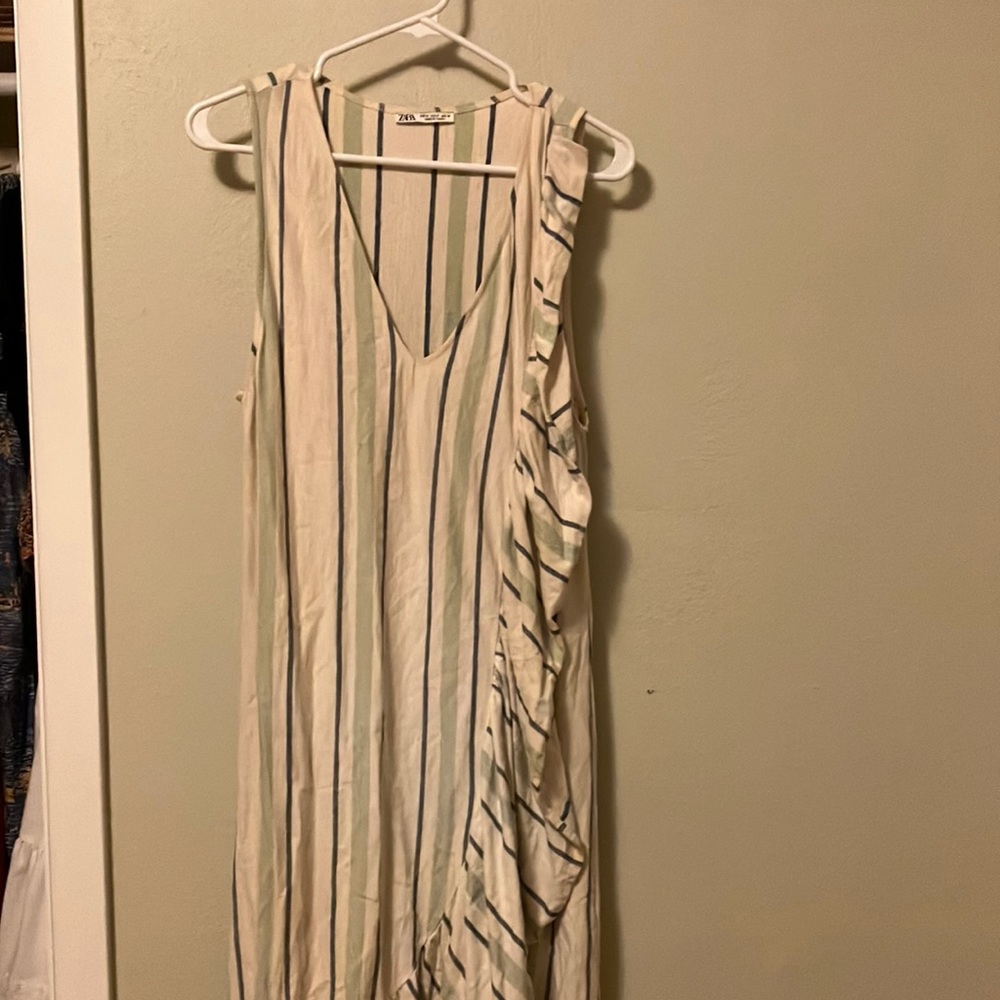 Zara Ruffled Rustic Striped Cotton Midi Dress M